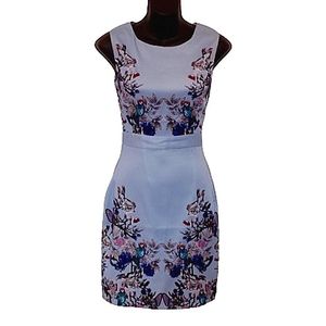 BCBG Parrot & Floral Graphic Print Satin Sheath Dress- Sz 2